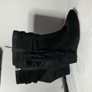 INC International Concepts Designer Black Suede Wedge Boots Fringe Detail Size 8